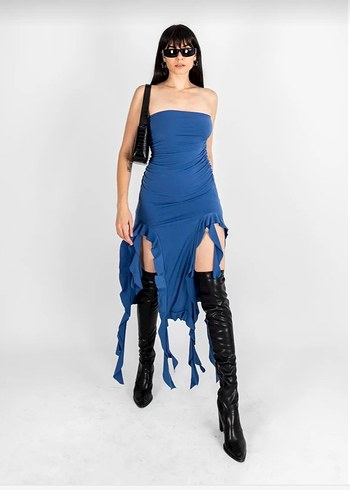 Mavi Straplez Drapeli Uzun Denim Elbise