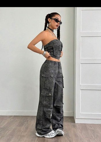 s Beden siyah Renk Siyah Tie-Dye Desenli Straplez Denim Tulum