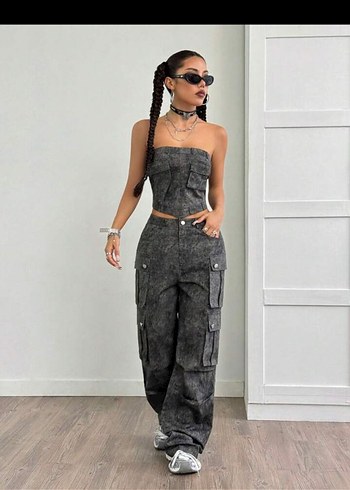 Siyah Tie-Dye Desenli Straplez Denim Tulum