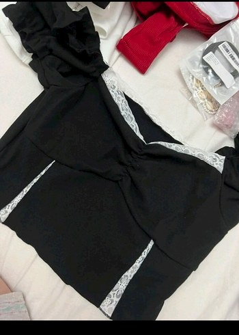 xs Beden siyah Renk Dantel Detaylı Siyah V Yaka Mini Bluz