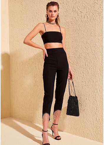s Beden siyah Renk Pantolon crop takım
