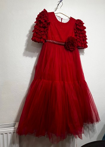 Kız Çocuk Kırmızı Fırfırlı Abiye Elbise - Görsel 3