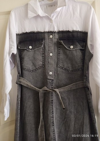 Gri Kot Kemerli Uzun Elbise - Görsel 2