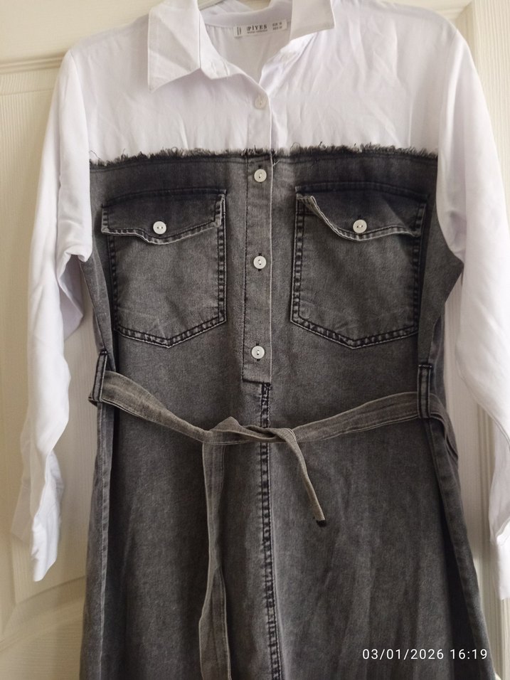 Gri Kot Kemerli Uzun Elbise - Görsel 2