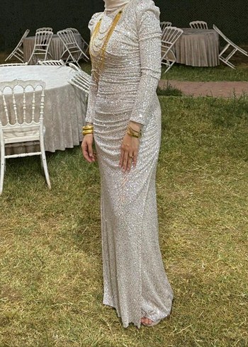 Beyaz Yılan Desenli Uzun Kollu Abiye Elbise - Görsel 2