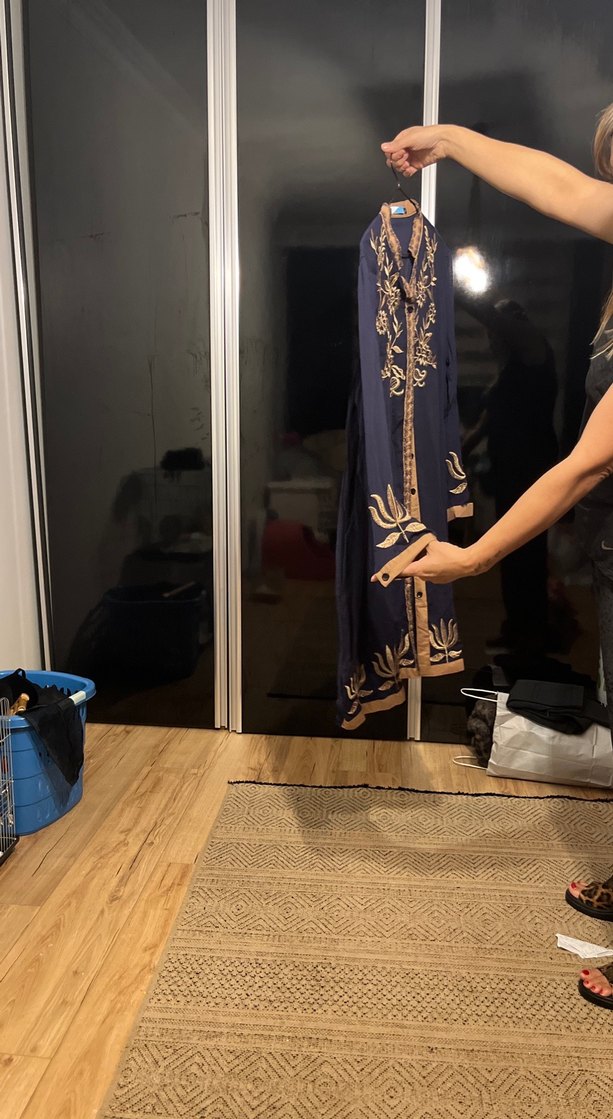 Nakışlı Bohem Uzun Kollu Lacivert Elbise - Görsel 2