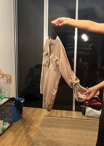 Bej Kadın Salaş V Yaka Düğmeli Gömlek - Görsel 5