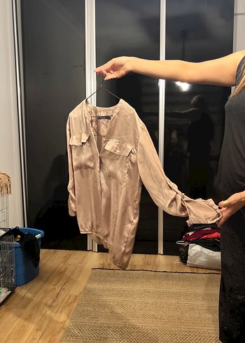 Bej Kadın Salaş V Yaka Düğmeli Gömlek - Görsel 2