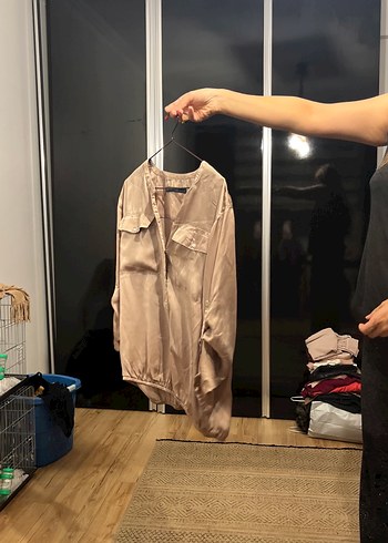 Bej Kadın Salaş V Yaka Düğmeli Gömlek - Görsel 3