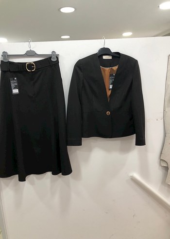 Düğmeli acı kahve Kadın Blazer ceket ve etek ikili takım - Görsel 7