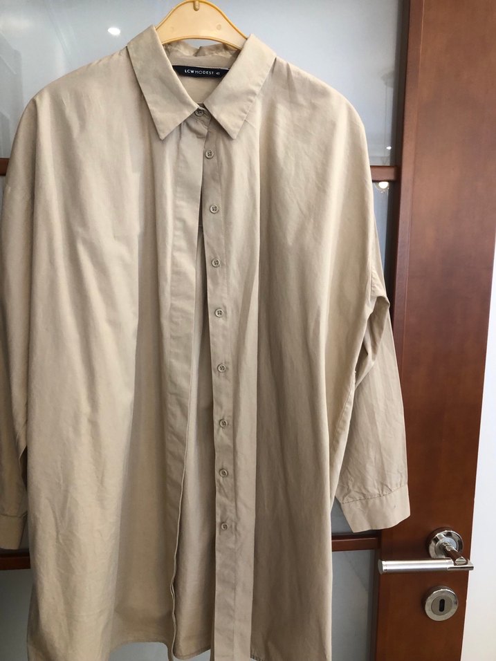 Bej Keten Düğmeli Uzun Kollu Gömlek - Görsel 3