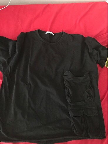 Siyah Kargo Cepli Oversize Tshirt