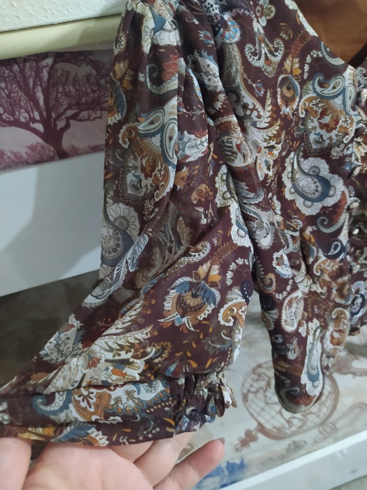 Düğmeli Bohem V Yaka Uzun Kollu Kadın Bluz - Görsel 5