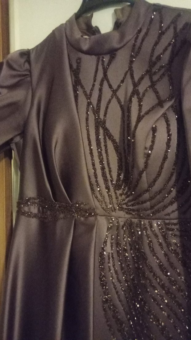 Mor Uzun Kollu İşlemeli Drapeli Abiye Elbise - Görsel 2