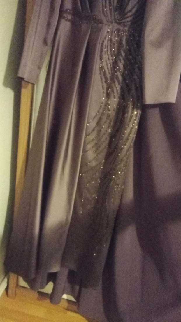 Mor Uzun Kollu İşlemeli Drapeli Abiye Elbise - Görsel 3