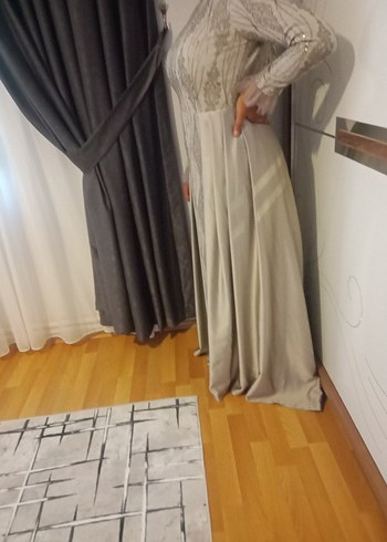 Bej Drapeli Uzun Kollu Kadın Abiye Elbise - Görsel 5