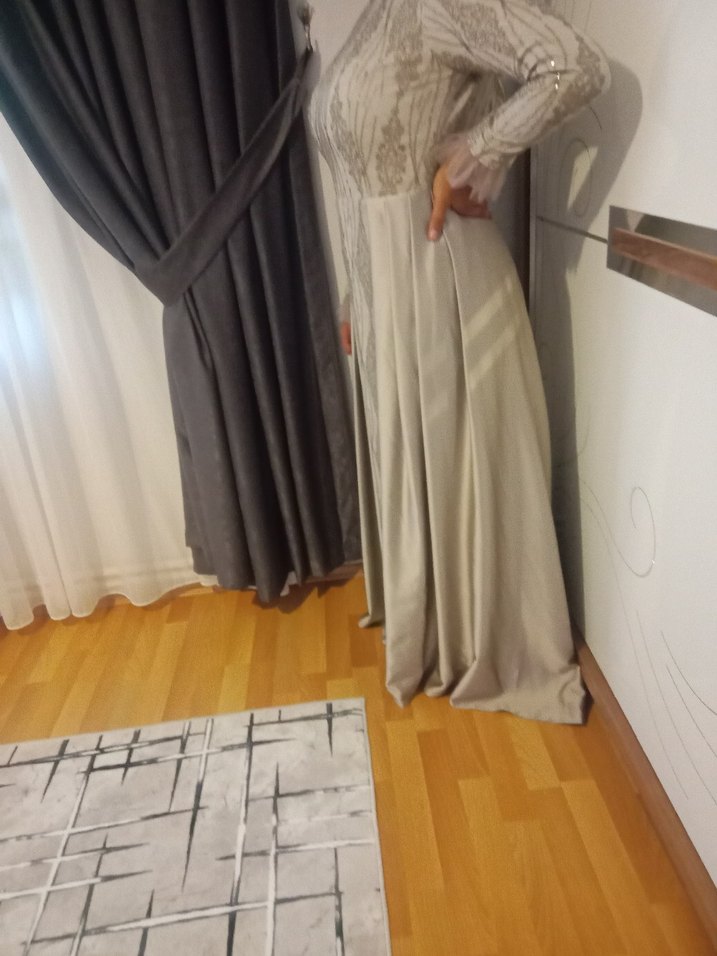 Bej Drapeli Uzun Kollu Kadın Abiye Elbise - Görsel 5