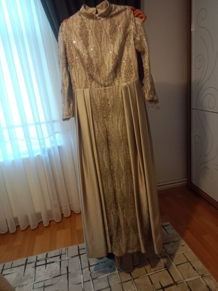 Bej Drapeli Uzun Kollu Kadın Abiye Elbise - Görsel 3