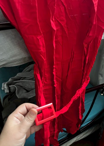 Parlak Kırmızı Midi Kadın Sabahlık - Görsel 2