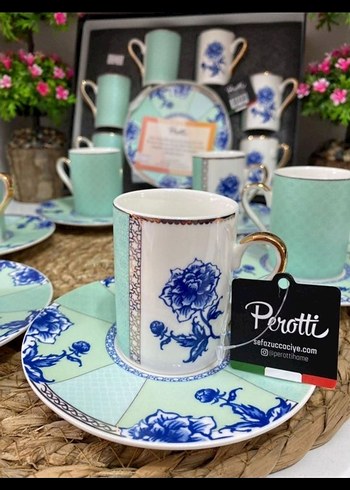 Perotti Mavi Çiçekli Pastel Kahve Fincanı Takımı ikili takım