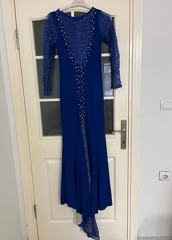 Uzun Kollu Drapeli Lacivert Abiye Elbise - Görsel 2