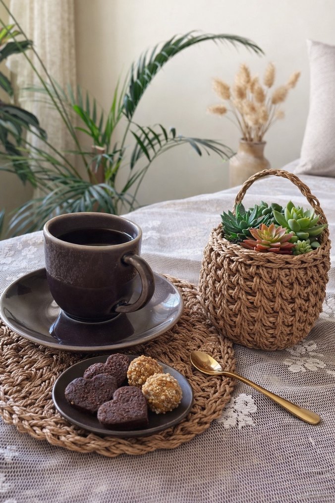 El yapımı Bohem Hasır Sepet ve Amerikan Servisi - Görsel 3