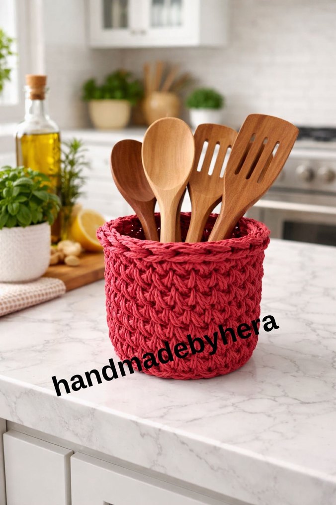 Renkli Kırmızı Örgü Saklama Sepeti - Görsel 2