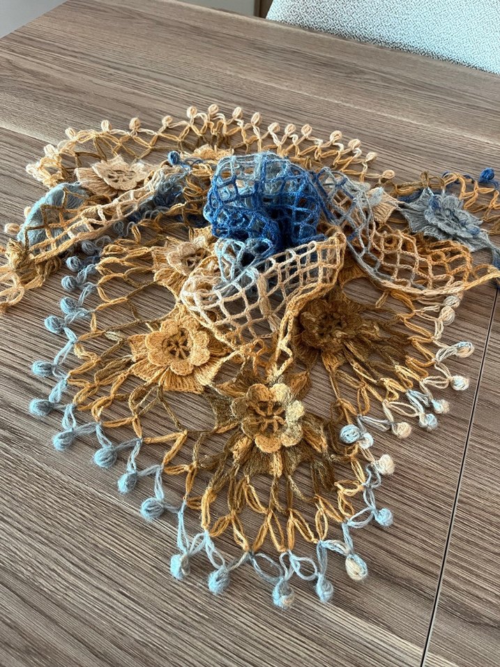 Çiçekli Dantel Detaylı Bohem Örgü Şal - Görsel 3