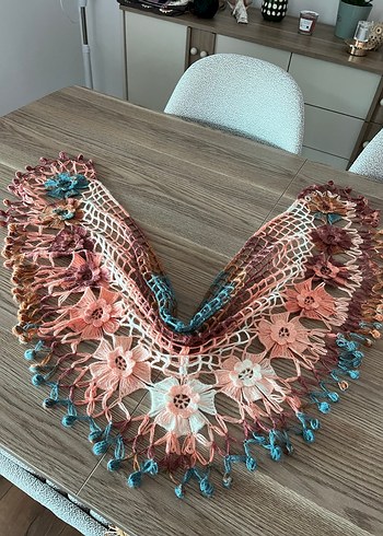 Çiçekli Dantel Detaylı Bohem Örgü Şal - Görsel 5