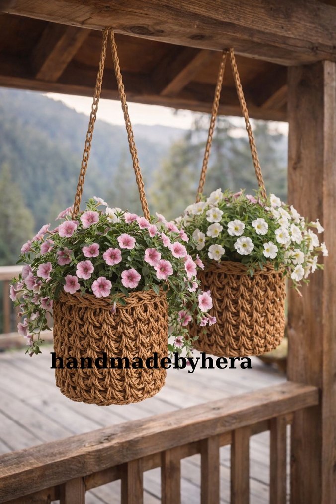 Hasır renk El Örgüsü Asılı Saksı. Tekli alım fiyatıdır - Görsel 2