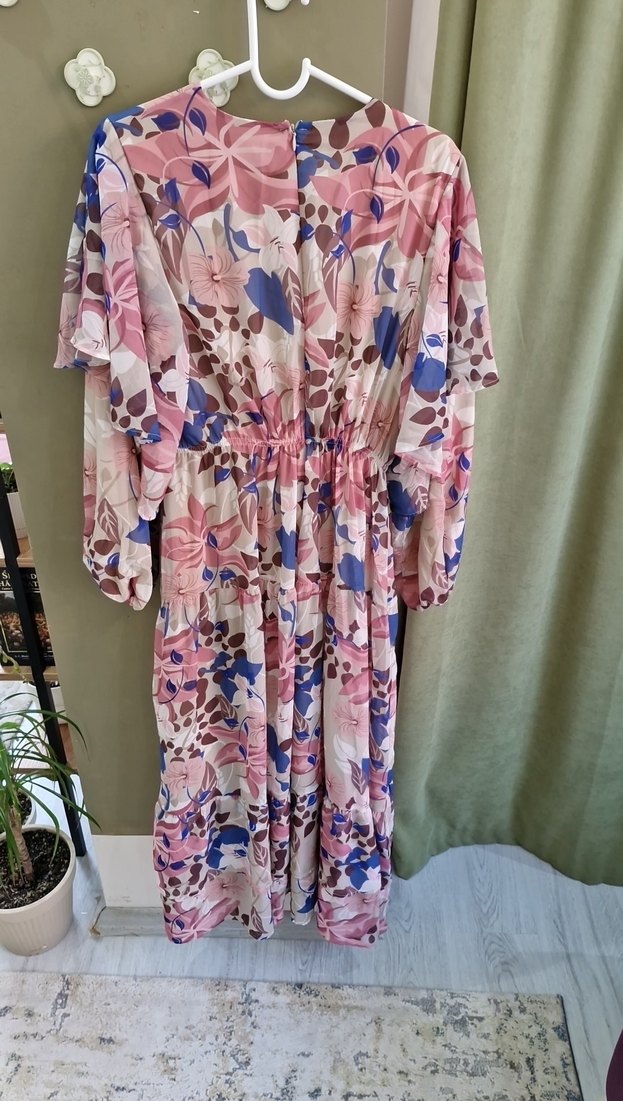 Pembe Bohem Uzun Elbise V Yaka - Görsel 5