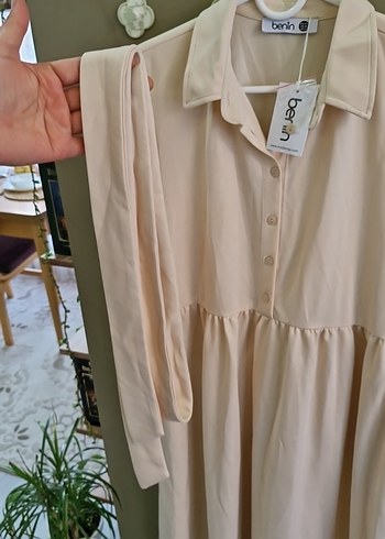 Bej Uzun Keten Elbise, Salaş Kesim, Yaka Detaylı - Görsel 4