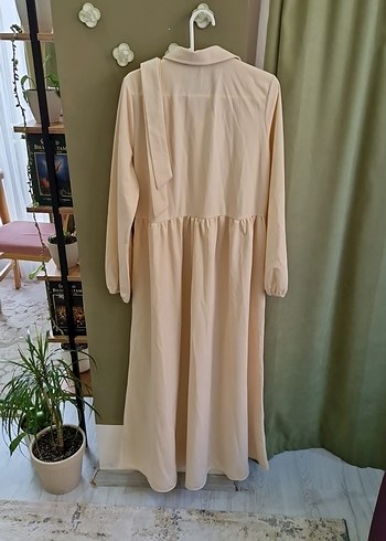 Bej Uzun Keten Elbise, Salaş Kesim, Yaka Detaylı - Görsel 6