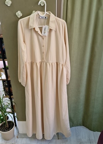 Bej Uzun Keten Elbise, Salaş Kesim, Yaka Detaylı - Görsel 5