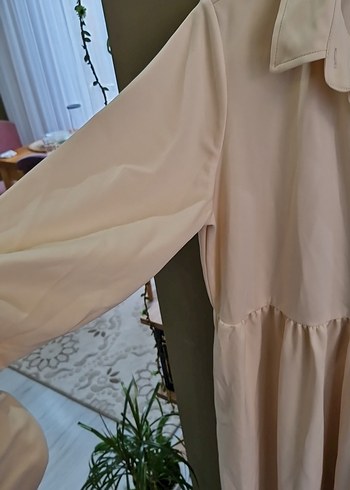 Bej Uzun Keten Elbise, Salaş Kesim, Yaka Detaylı - Görsel 3