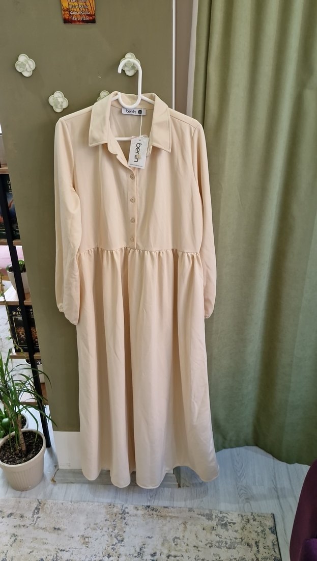 Bej Uzun Keten Elbise, Salaş Kesim, Yaka Detaylı - Görsel 5