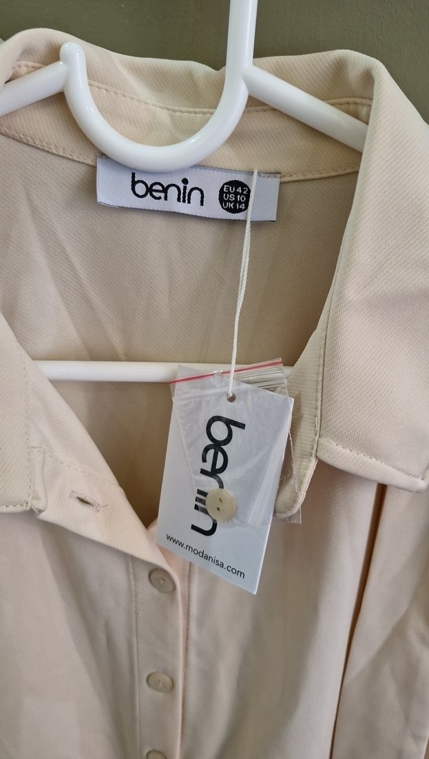 Bej Uzun Keten Elbise, Salaş Kesim, Yaka Detaylı - Görsel 2