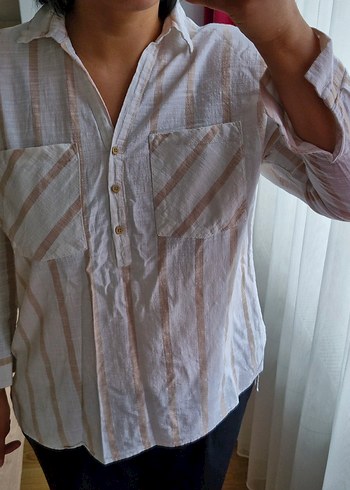 Bej Çizgili Kadın Pamuklu Gömlek LCW marka - Görsel 3