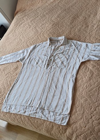 Bej Çizgili Kadın Pamuklu Gömlek LCW marka - Görsel 5