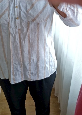 Bej Çizgili Kadın Pamuklu Gömlek LCW marka - Görsel 2