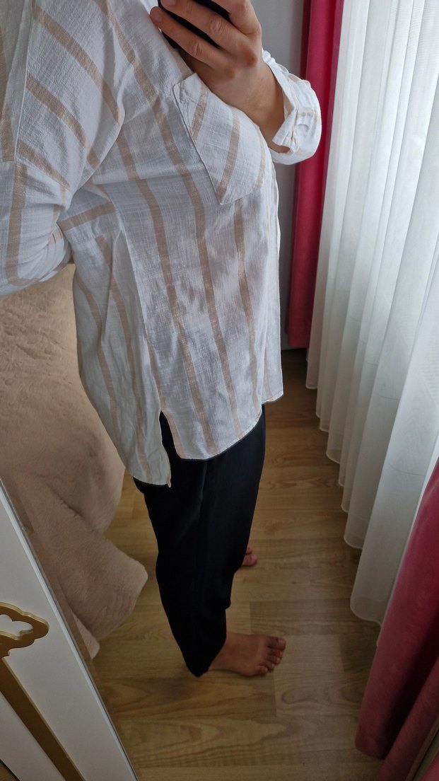 Bej Çizgili Kadın Pamuklu Gömlek LCW marka - Görsel 4