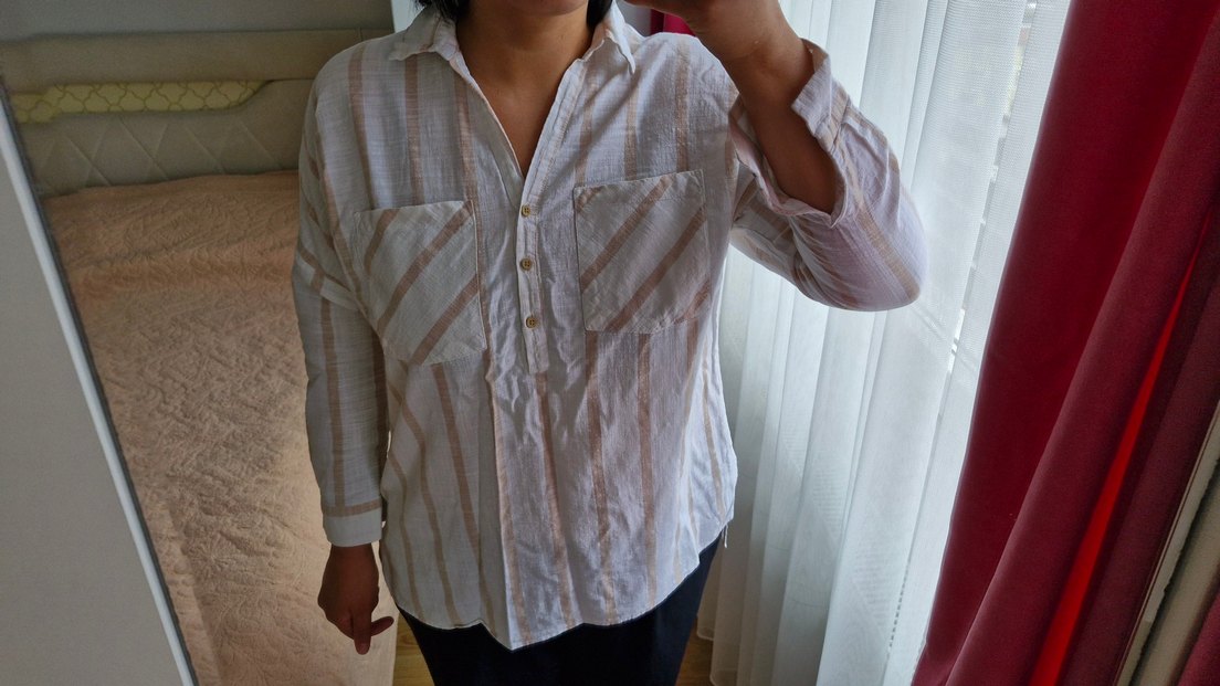 Bej Çizgili Kadın Pamuklu Gömlek LCW marka - Görsel 3