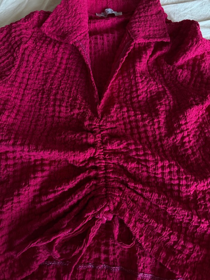 Pembe Kısa Kollu Fitted Keten Bluz - Görsel 2