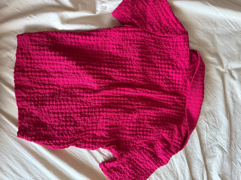 Pembe Kısa Kollu Fitted Keten Bluz - Görsel 3