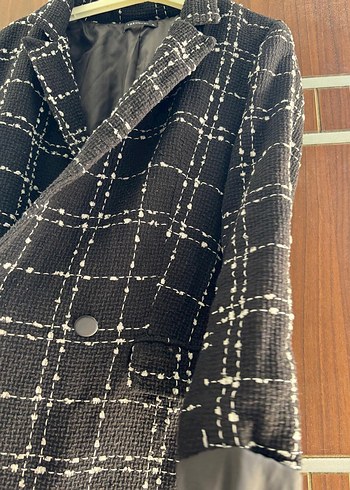 38 Beden Düğmeli Siyah Kareli Midi Blazer