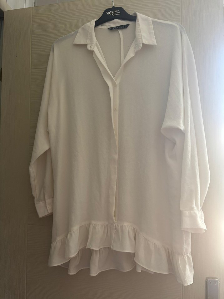 Beyaz Kadın Uzun Kollu Fırfırlı Gömlek - Görsel 2