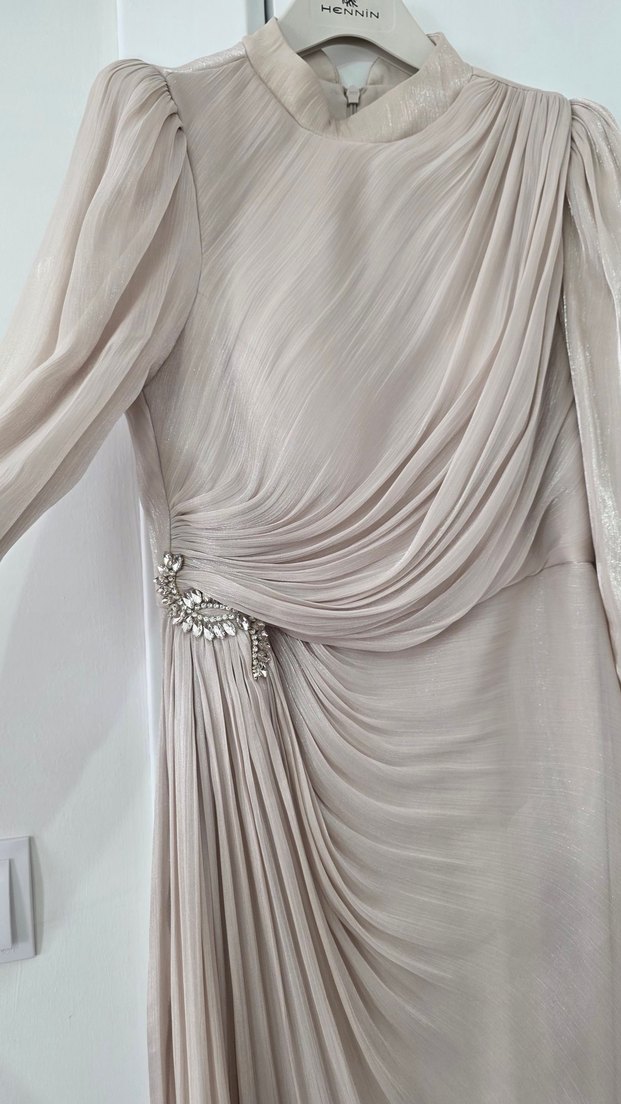 Bej Drapeli Uzun Abiye Elbise - Görsel 3