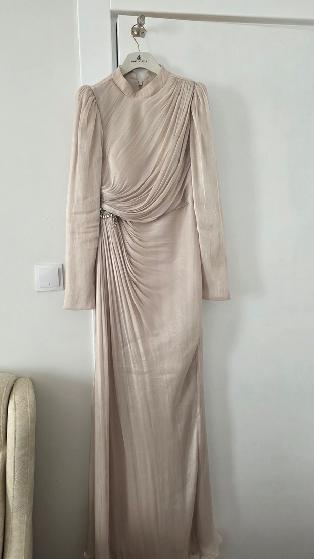 Bej Drapeli Uzun Abiye Elbise - Görsel 4