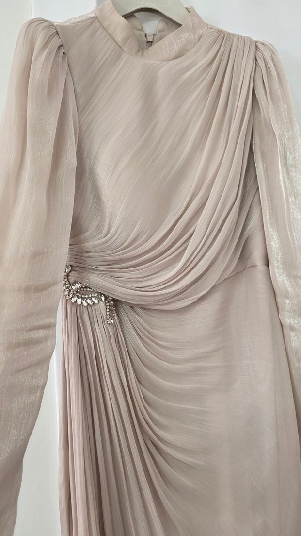 Bej Drapeli Uzun Abiye Elbise - Görsel 2