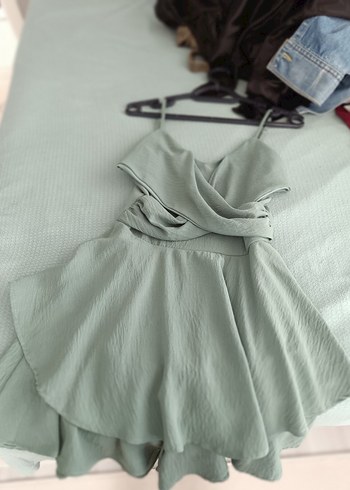 Gri Keten Mini Straplez Elbise